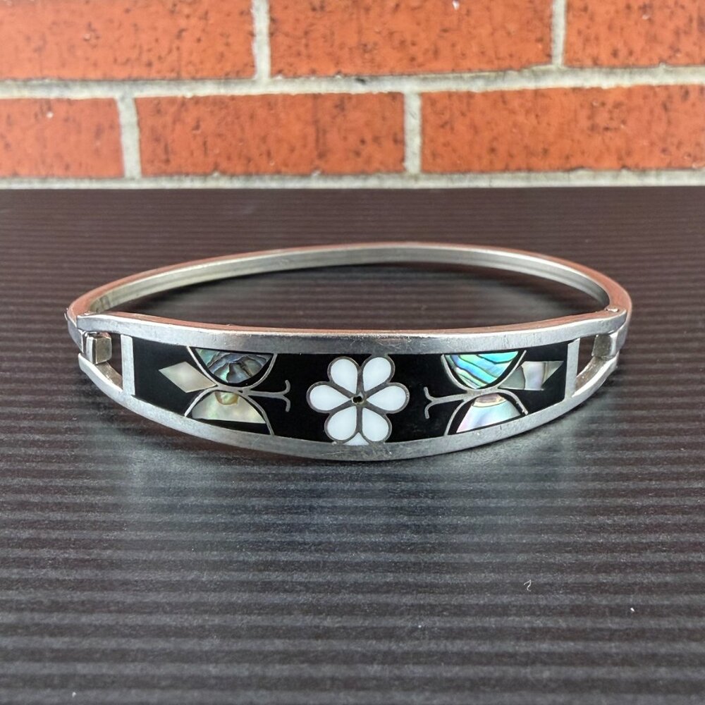Vintage Taxco Mexico Sterling Silver Inlay Bangle Bracelet Mother of Pearl Abalo - Picture 2 of 6